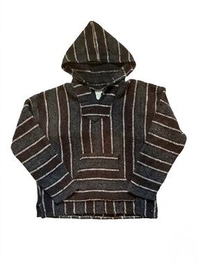 Vintage Mexican Baja Hoodie Striped Woven Pullover Surfer Poncho Size XL